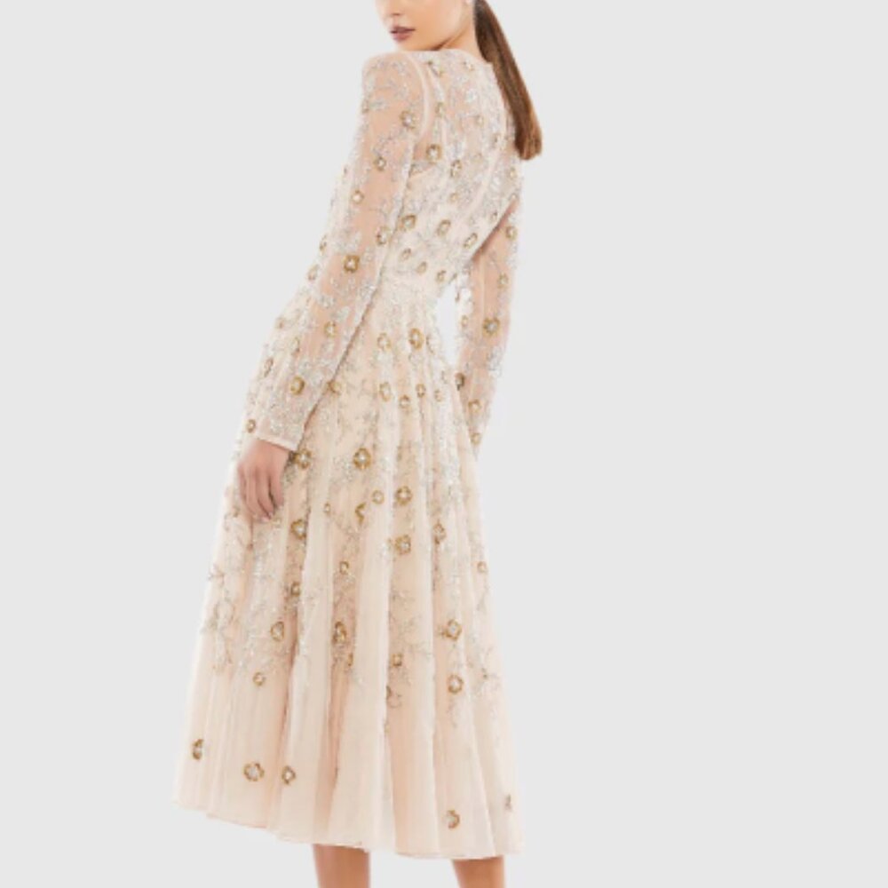 Mac Duggal 10799 Beige Beaded Illusion High Neck Long Sleeve A Line Dress Size 4